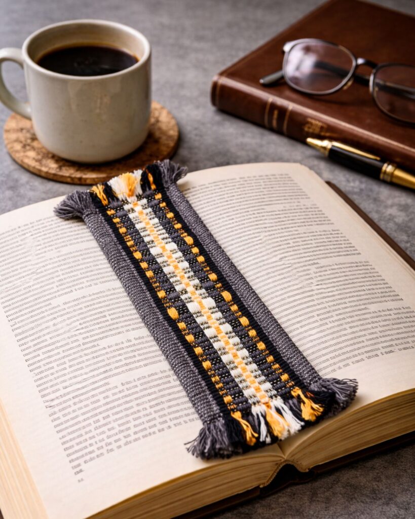 Handgewebtes Lesezeichen von Wiedengold mit geometrischem Muster in Blau, Grau und Gold.