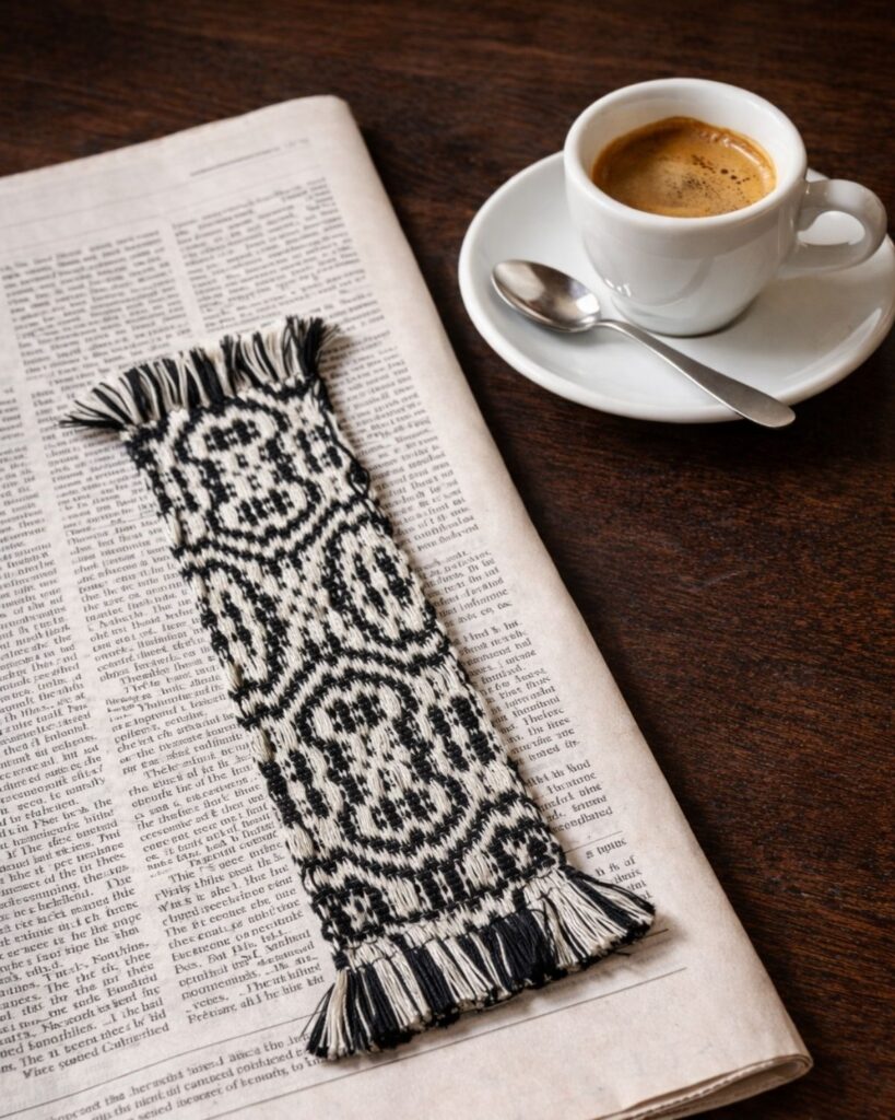 Handgewebtes Lesezeichen von Wiedengold mit schwarzer Ornamentik und Fransen.