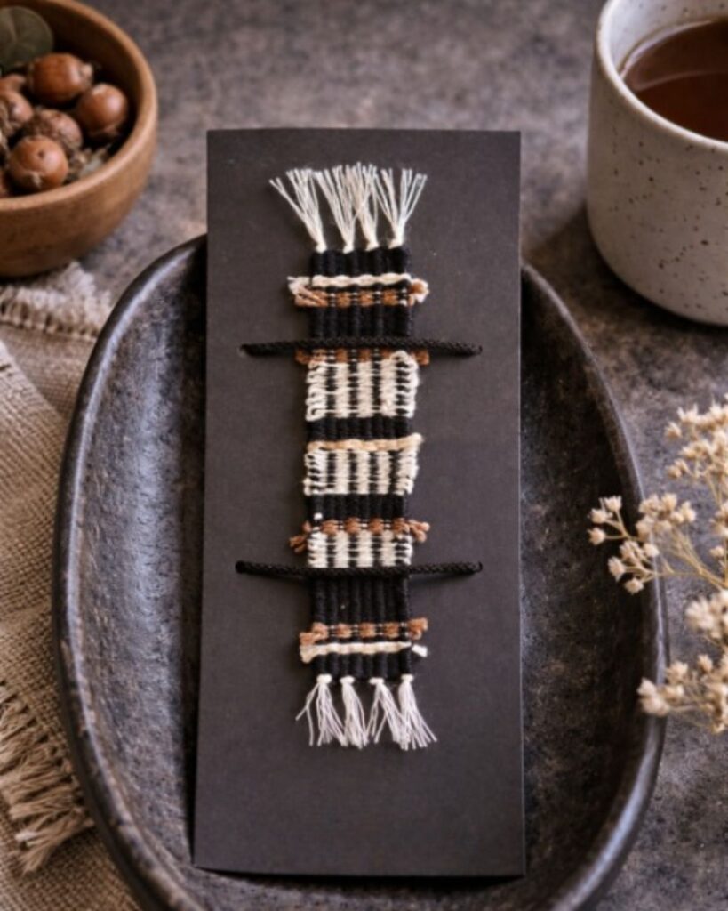 Handgewebtes Lesezeichen von Wiedengold in Schwarz, Braun und Weiß mit ornamentalem Muster und Fransen.