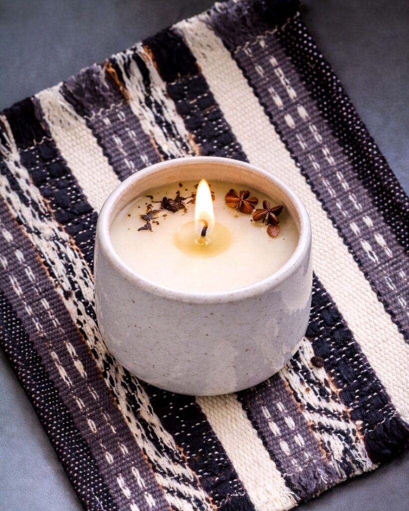 Handgewebter Untersetzer aus Wolle und Viskose mit Streifenstruktur in Blau und Weiß.