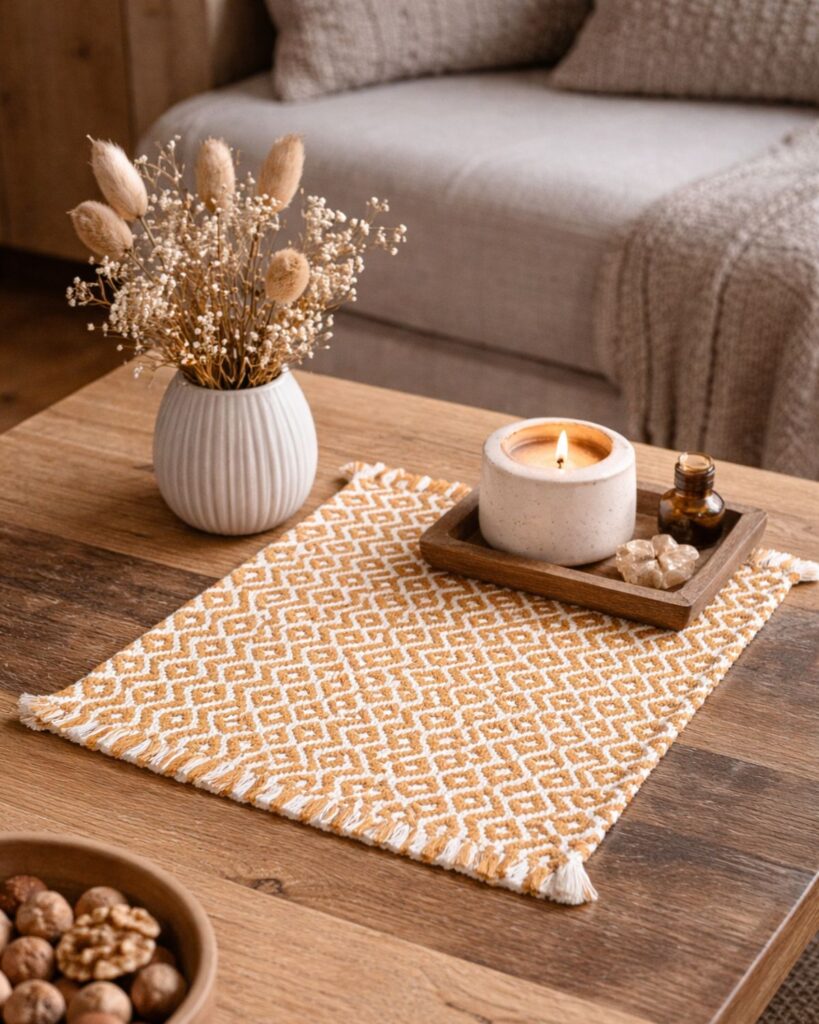 Handgewebter Untersetzer in Wolle mit geometrischem Muster in Ocker und Weiß, auf Holztisch dekoriert.