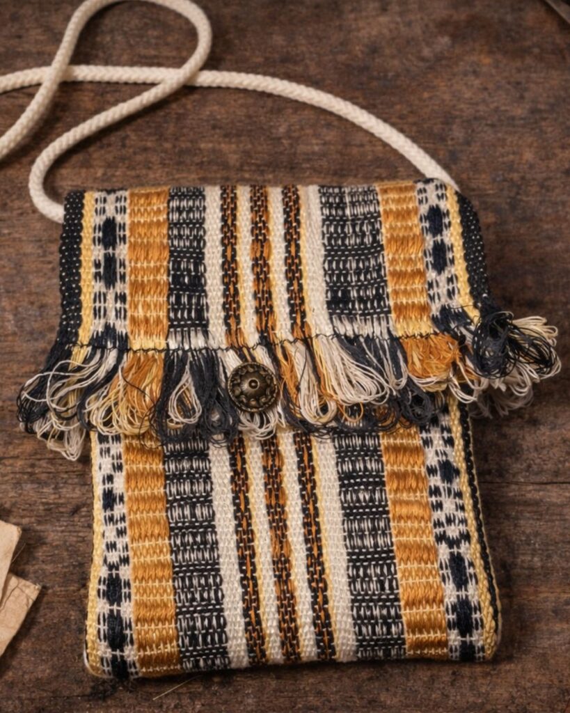 Handgewebte Handtasche aus Naturmaterialien mit Fransen, Ornamentborte und Knopfverschluss in Blau, Weiß und Ocker.