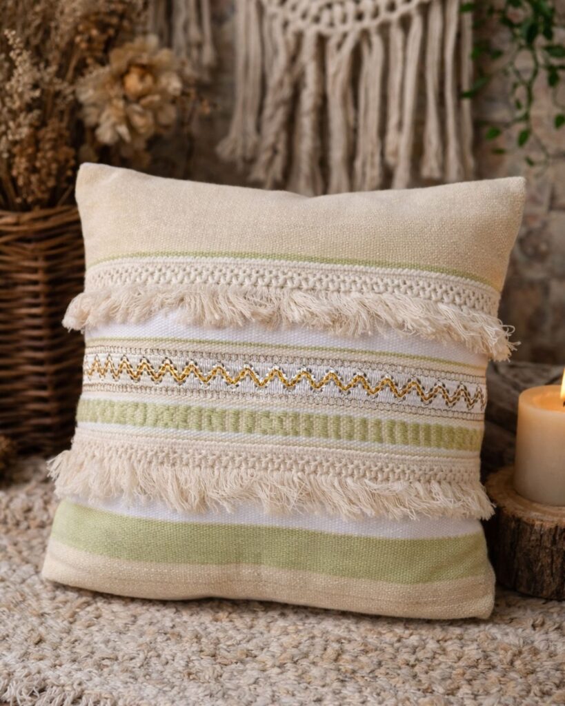 Handgewebtes Kissen aus Naturmaterialien mit Fransen, Zierborte und goldfarbenen Akzenten in Creme und Hellgrün.