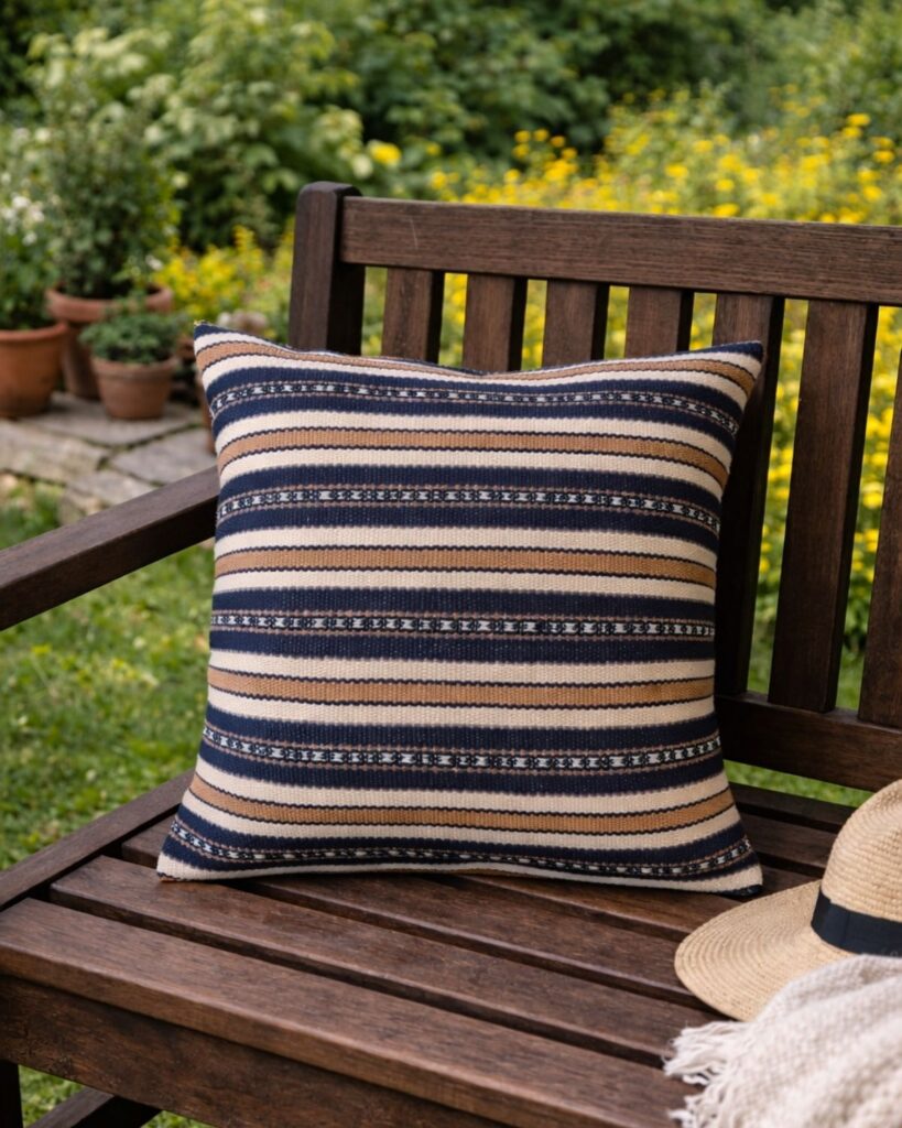 Handgewebtes Kissen von Wiedengold mit feinen Streifen in Dunkelblau, Weiß und Ocker auf dunkelbrauner Gartenbank aus Holz.