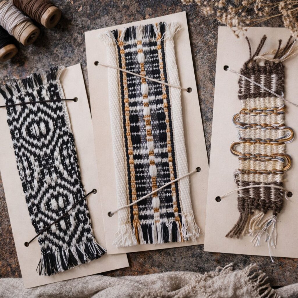 Drei handgewebte Lesezeichen von Wiedengold in Schwarz, Natur und Ocker – feine textile Geschenke.