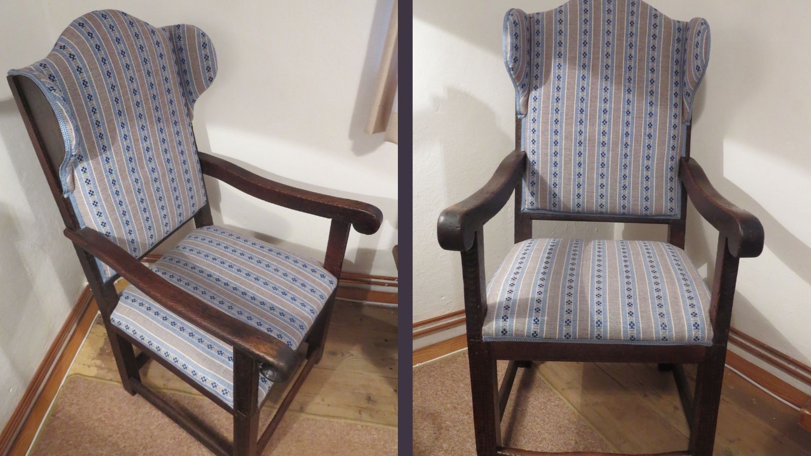 Antiker Ohrensessel mit handgewebtem Möbelbezugstoff – ruhige textile Präsenz im Wohnraum.