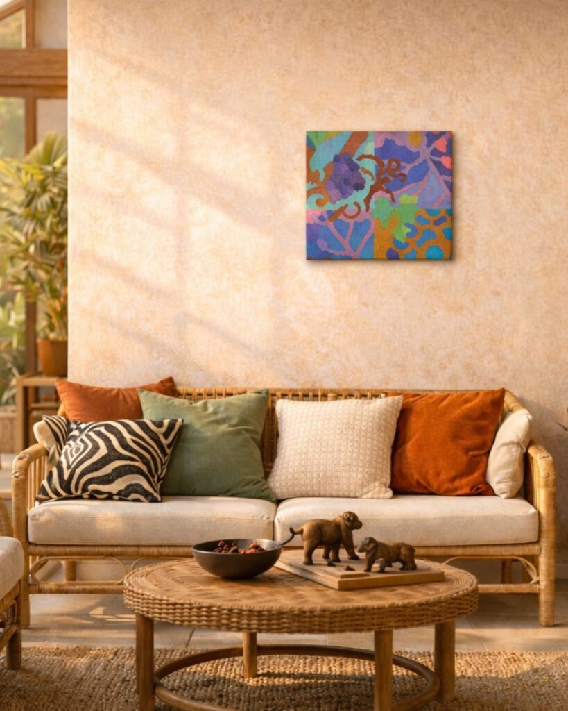 Handgewebte Bildwirkerei von Wiedengold mit floralen und ornamentalen Formen in Blau, Grün, Violett und Ocker im Wohnraum.