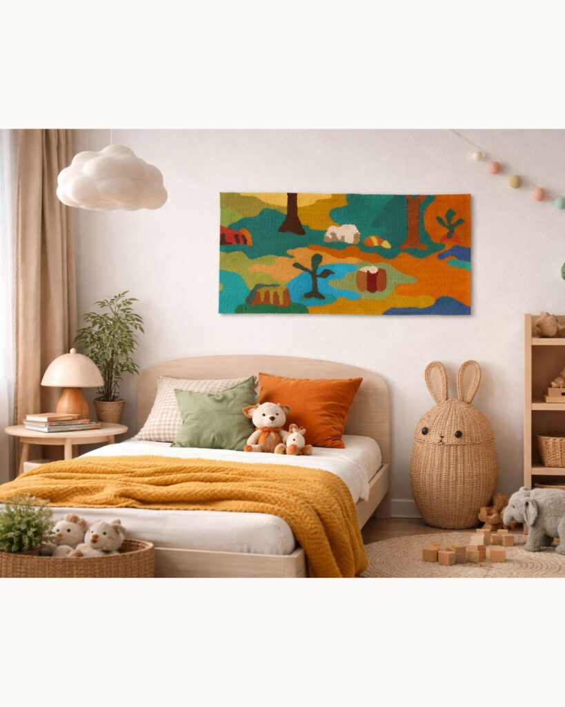 Handgewebte Bildwirkerei von Wiedengold mit abstrahierter Landschaft in warmen und frischen Farben im Raum.