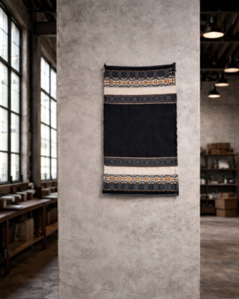 Handgewebter Wandbehang von Wiedengold in Dunkelblau, Gold und Weiß als Textilkunst im Raum.