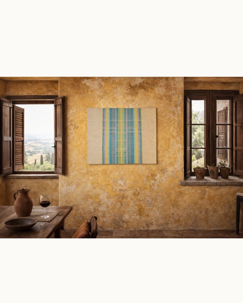 Handgewebtes Textilkunstwerk von Wiedengold mit Streifen in Frühlingsfarben in einem Wohnraum.