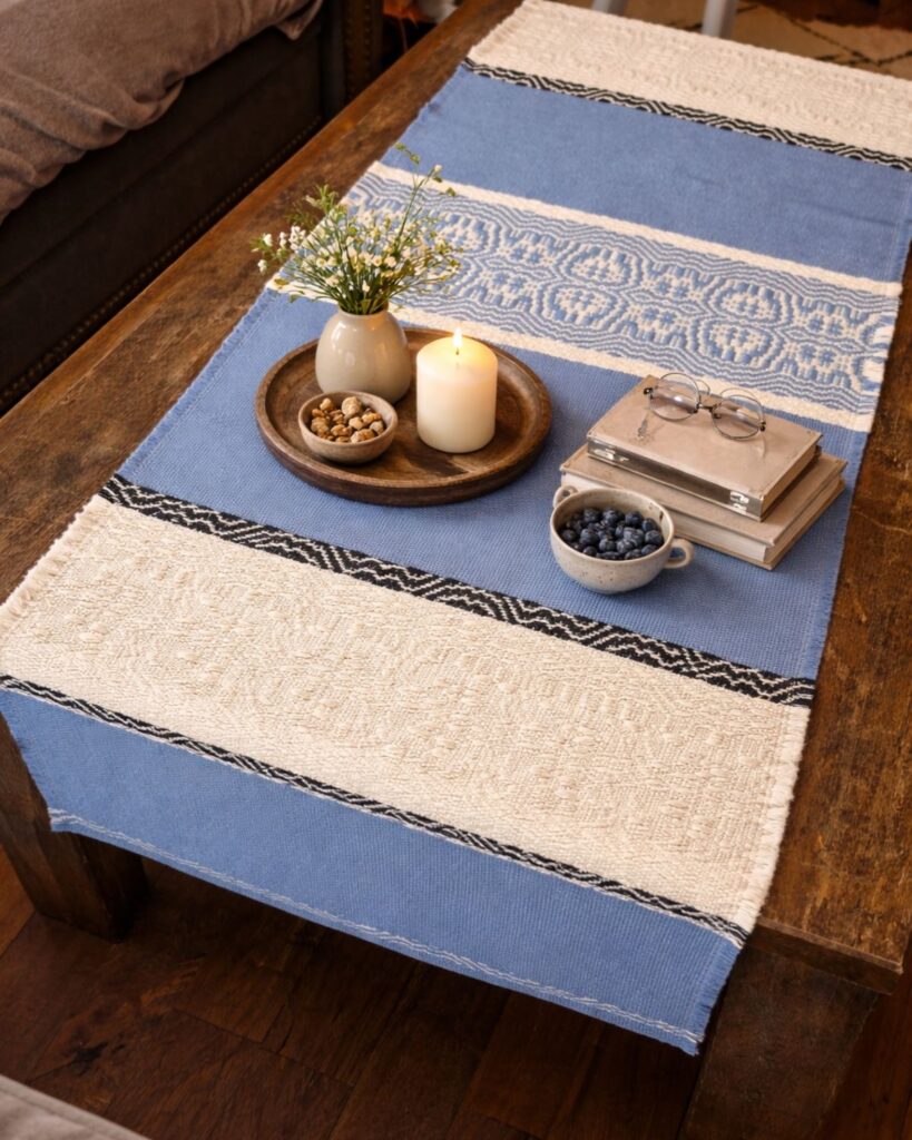Handgewebter Tischläufer in Wolle in Blau und Weiß mit ornamentaler Mittelbahn.