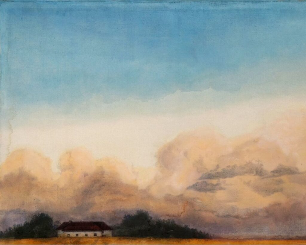 Das Werk "Alte Freunde" zeigt eine Landschaft mit kleinem Haus unter weitem Himmel und ist mit Kugelschreiber und Öl auf Leinwand von der Künstlerin Mirjam Schrei ausgeführt.