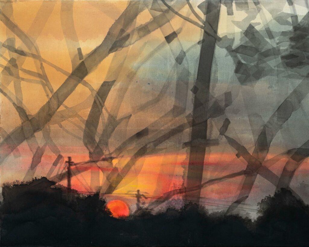 Das Gemälde "Unterwegs" der Künstlerin Mirjam Schrei zeigt einen Sonnenuntergang mit dunklen Silhouetten und überlagerten linearen Strukturen in Kugelschreiber und Öl auf Leinwand.