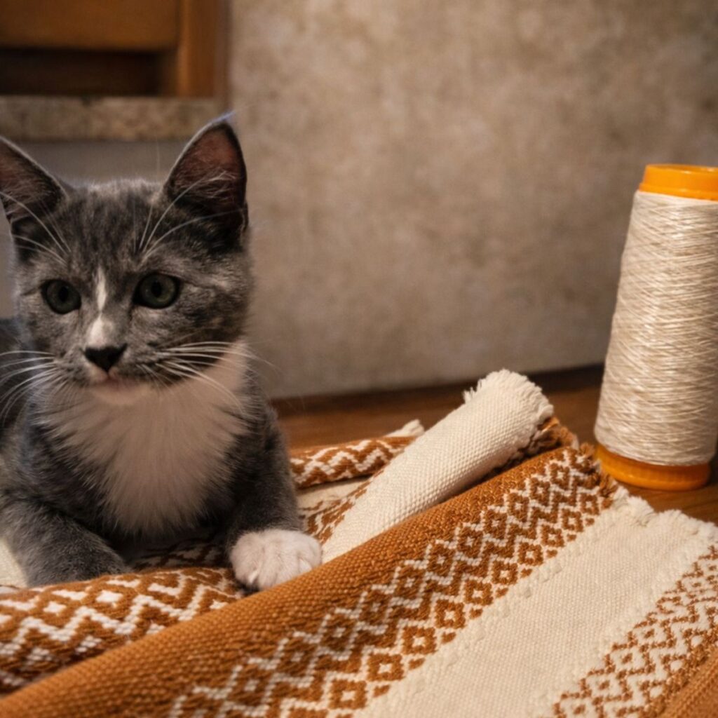 Handgewebter Tischläufer in Ocker und Weiß im Atelier der Handweberei Wiedengold, begleitet von einer Katze.