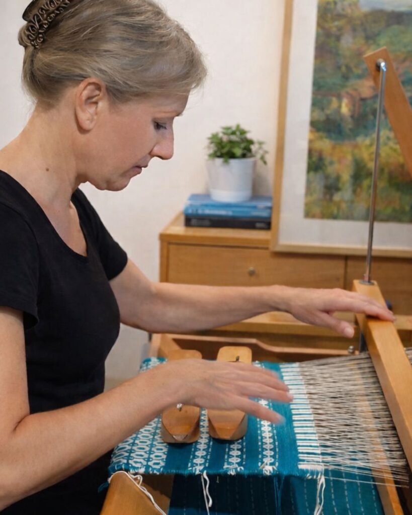 Handweberin am Webstuhl im Atelier der Boutique-Weberei Wiedengold bei der Entstehung eines handgewebten Textils.