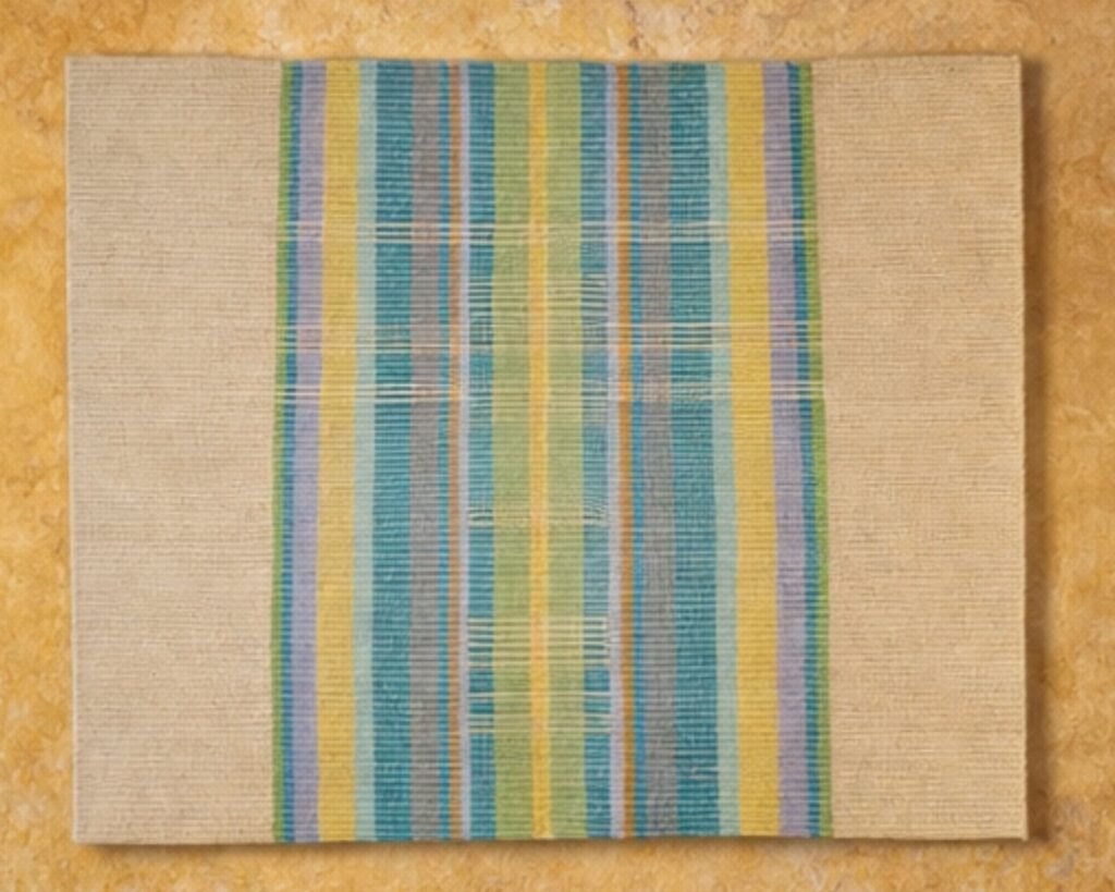 Handgewebter Wandbehang von Wiedengold in Beige mit Streifen in Blau, Grün und Gelb.