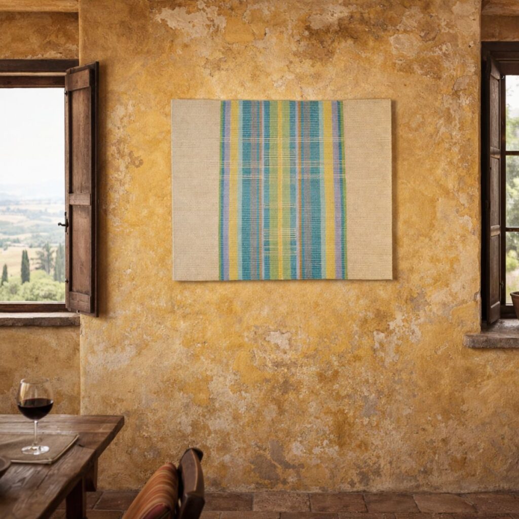 Handgewebter Wandbehang von Wiedengold in Beige mit Streifen in Blau, Grün und Gelb.